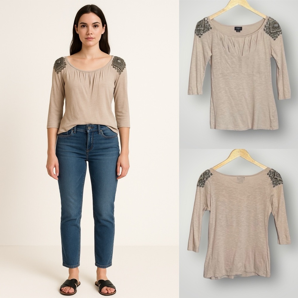 Deletta Anthropologie | Corinthian Beaded Sequin Top Pleated Neck 3/4 Sleeve